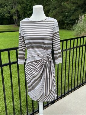Shelby & Palmer Gray and White Striped Tie-Waist Midi Dress